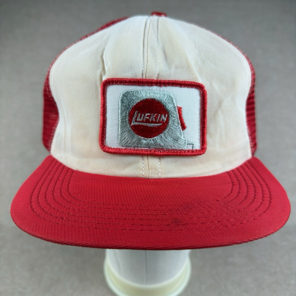 Vintage Lufkin Trucker‎ Hat Snapback Mesh Cap Red White Patch Made in USA OSFA